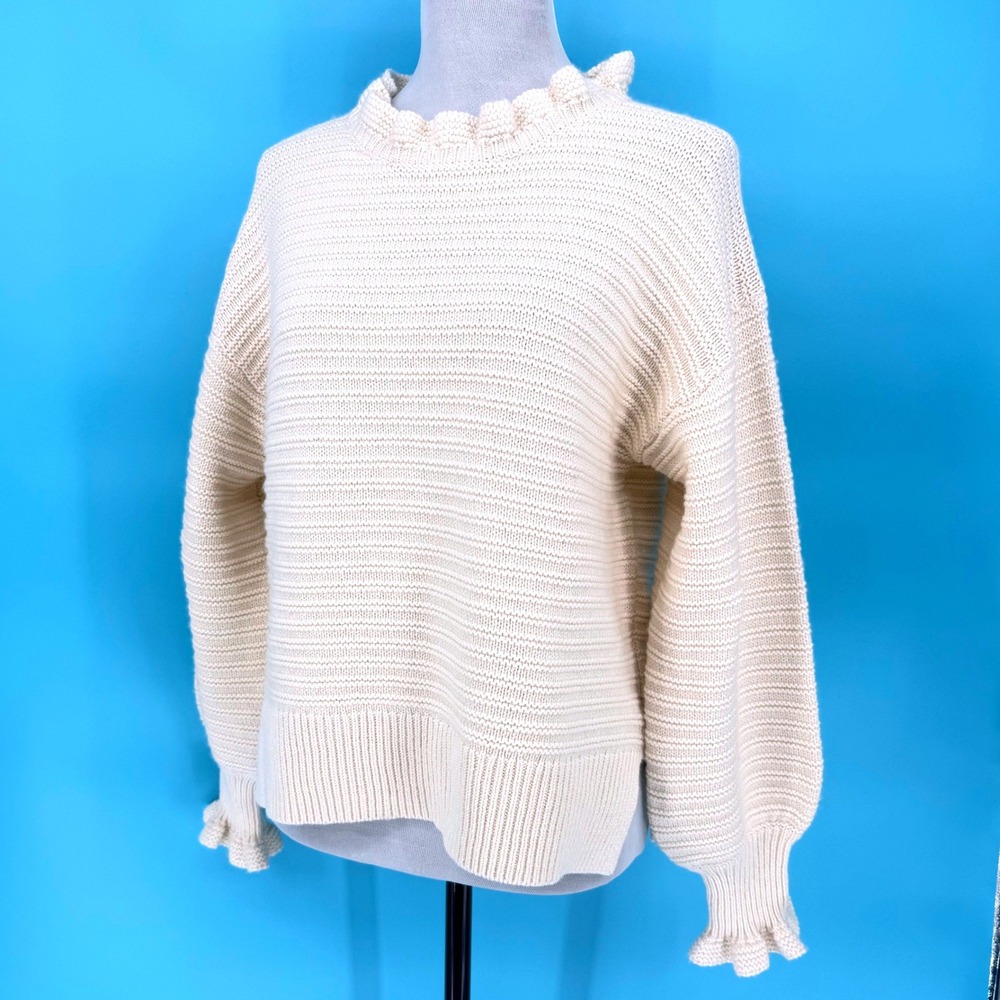 Madewell Cream Cotton Merino Wool Ruffle Neck & Sleeve Sweater Size M Cottage